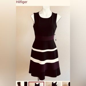 Tommy Hilfiger women’s Size 6 dress. NWOT. Black, plum and white. A line.